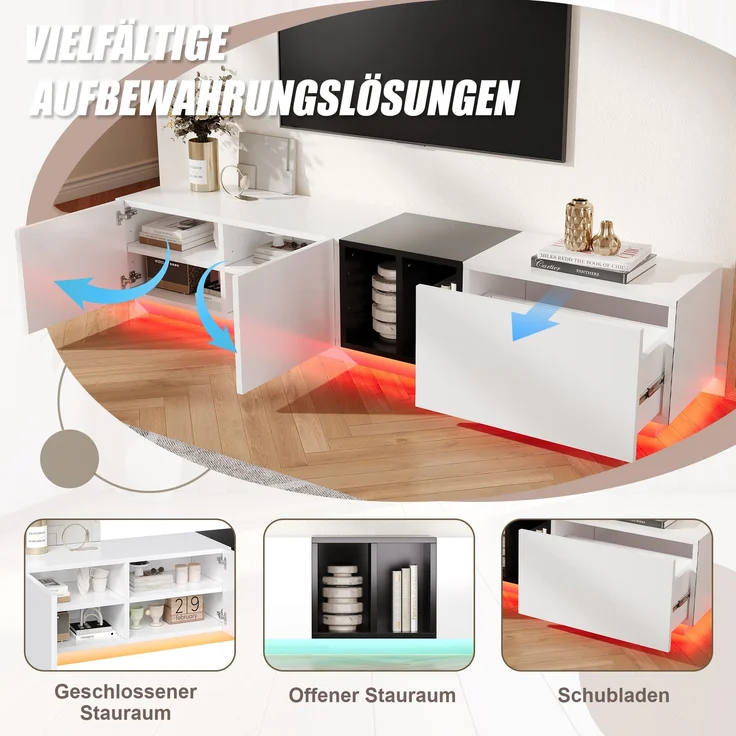 Moderner TV-Schrank weiß/schwarz, 190x40x35 cm, mit Schubladen & Regalen – Bild 8