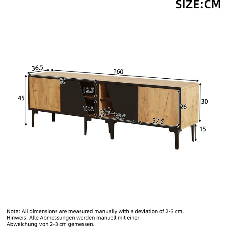 TV-Schrank 160x36,5x45 cm in Naturholzoptik mit 4 Fächern & diagonalen Türen – Bild 10