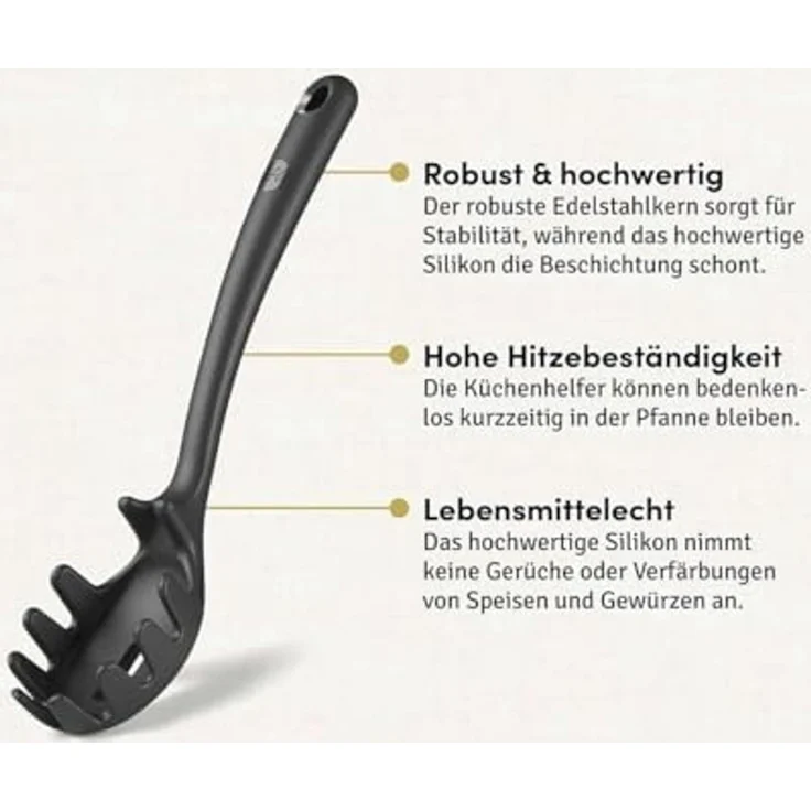 Hoffmann Germany Nudellöffel Pastalöffel Silikon Edelstahl 29,5 cm anthrazit, Portionshilfe 110g, Topfhaken, kratzerfrei, spülmaschinengeeignet – Bild 3