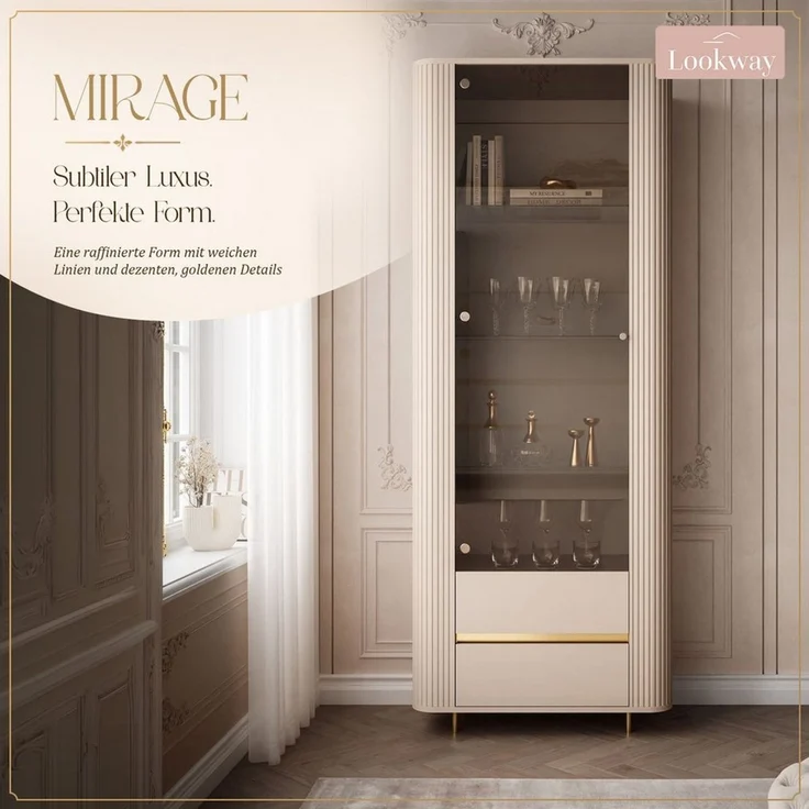 Lookway Glasvitrine MIRAGE GOLD mit LED-Beleuchtung und geriffelten Seiten – Bild 3