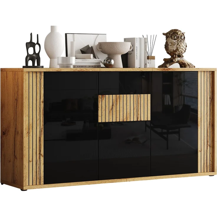ZUBALIYA Sideboard 140x35x71 cm, mit 3 Türen, aus MDF / Spanplatte, Schwarz / Natur – Bild 18