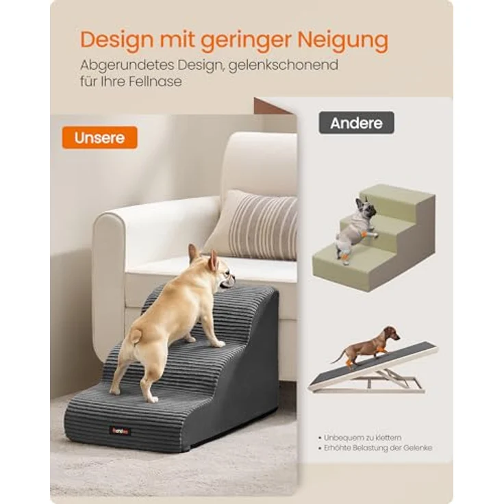Feandrea Hundetreppe, 3 Stufen, Cord mit Querstreifen, Haustiertreppe, für Bett, Sofa, wasserdicht, rutschfest, geringe Neigung, Abnehmbarer waschbarer Bezug, Griff, schiefergrau PPS003GN01 – Bild 4