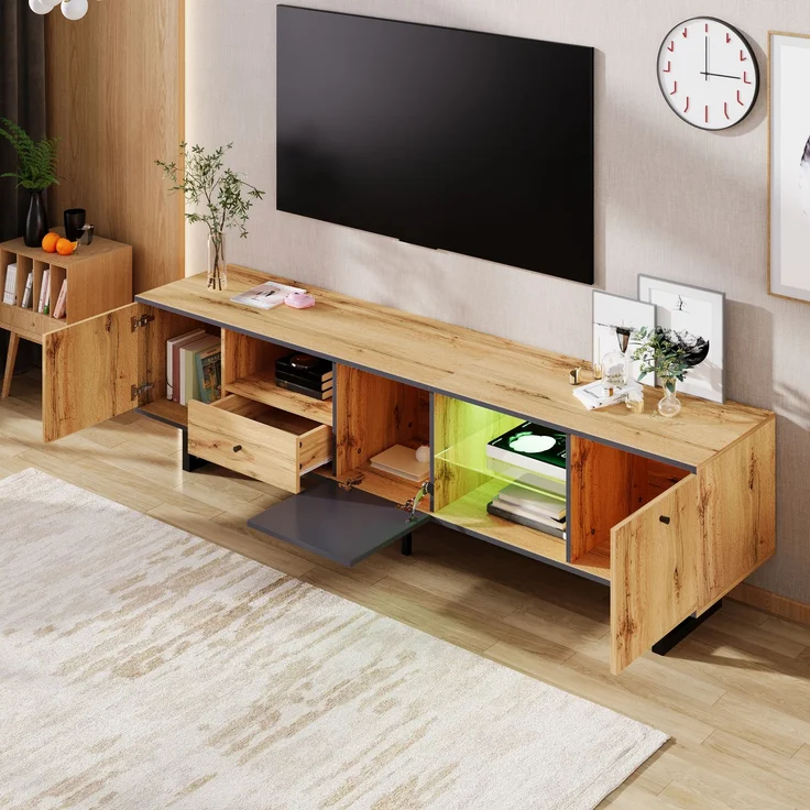 TV-Schrank Holz Grau Anthrazit 190 x 40 x 50 cm, LED-Beleuchtung & Glasböden,mit 3 Türen, 3 offenen Fächern – Bild 8