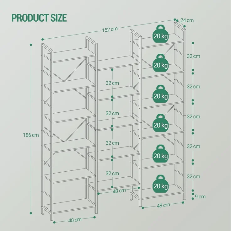 Bücherregale, Standregale, Regal mit 17 Fachböden, 6 Etagen, Verstellbarer Abstand, 24 x 152 x 186 cm, Tragfähigkeit 340 kg, Wohnzimmer, Büro, Weißeiche und Weiß – Bild 8
