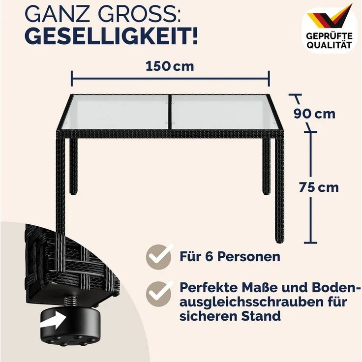 Casaria Gartentisch, Wetterfest 150x90cm Polyrattan Höhenverstellbar 5mm Sicherheitsglas – Bild 1