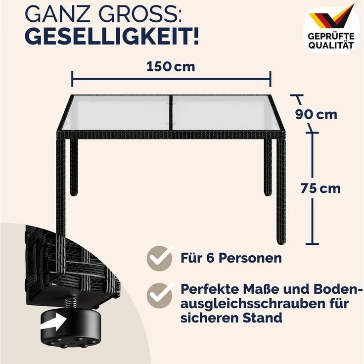 Casaria Gartentisch, Wetterfest 150x90cm Polyrattan Höhenverstellbar 5mm Sicherheitsglas