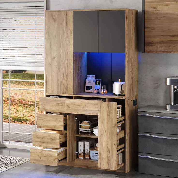 ZUBALIYA Küchenschrank 105x40x185 cm, mit LED-Beleuchtung, mit Steckdosen, mit verstellbaren Einlegeböden, aus MDF, Schwarz / Natur – Bild 19