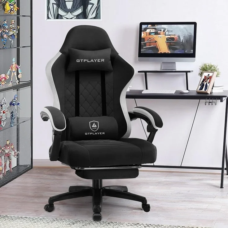 GTPLAYER Gaming Stuhl Ergonomischer Gaming Sessel Schreibtischstuhl mit Stoffoberfläche, Federsitzkissen, Verbindungsarmlehnen und Fußstütze, Schwarz – Bild 3
