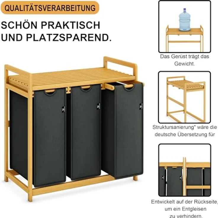 AdelDream Wäschekorb Wäschekörbe mit Bambusrahmen, 150 l, 3 Fächer – Bild 5