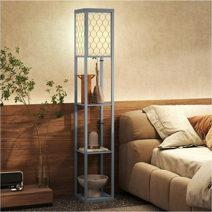 HOMCOM Stehlampe mit Regale, ohne Leuchtmittel, 3 Fächer Stauraum, Hellgrau+Weiß – Bild 5