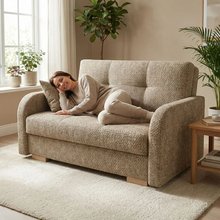 Wohnero24 Schlafsofa POLINA 2 136x95 cm 113x195 cm mit Bettkasten 2 Sitzer Sofa mit Schlaffunktion kleines Schlafsofa ausziehbar für Gästezimmer - Braun – Bild 1