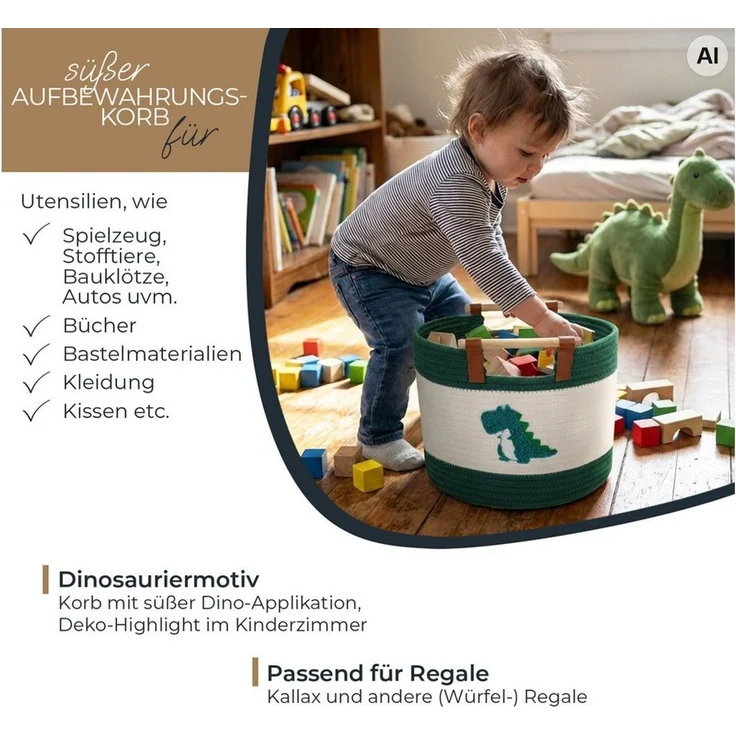 HMF Aufbewahrungskorb Aufbewahrungskorb mit Holzgriffen, runder Korb, für Kinderzimmer oder Babyzimmer, Dinosaurier, 30 x 30 x 24 cm – Bild 3