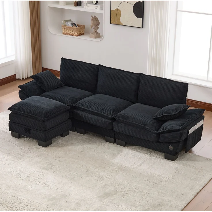 DESVIAE Sofa 3-Sitzer mit Hocker, 260x84x132 cm, Corduroy, Schwarz, mit USB-C-Anschluss und Stauraum – Bild 3