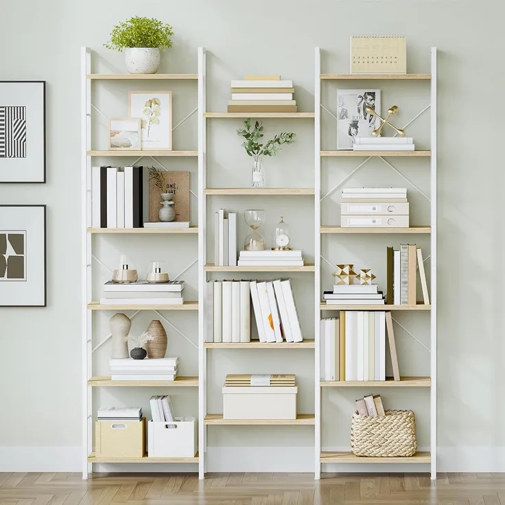 Bücherregale, Standregale, Regal mit 17 Fachböden, 6 Etagen, Verstellbarer Abstand, 24 x 152 x 186 cm, Tragfähigkeit 340 kg, Wohnzimmer, Büro, Weißeiche und Weiß