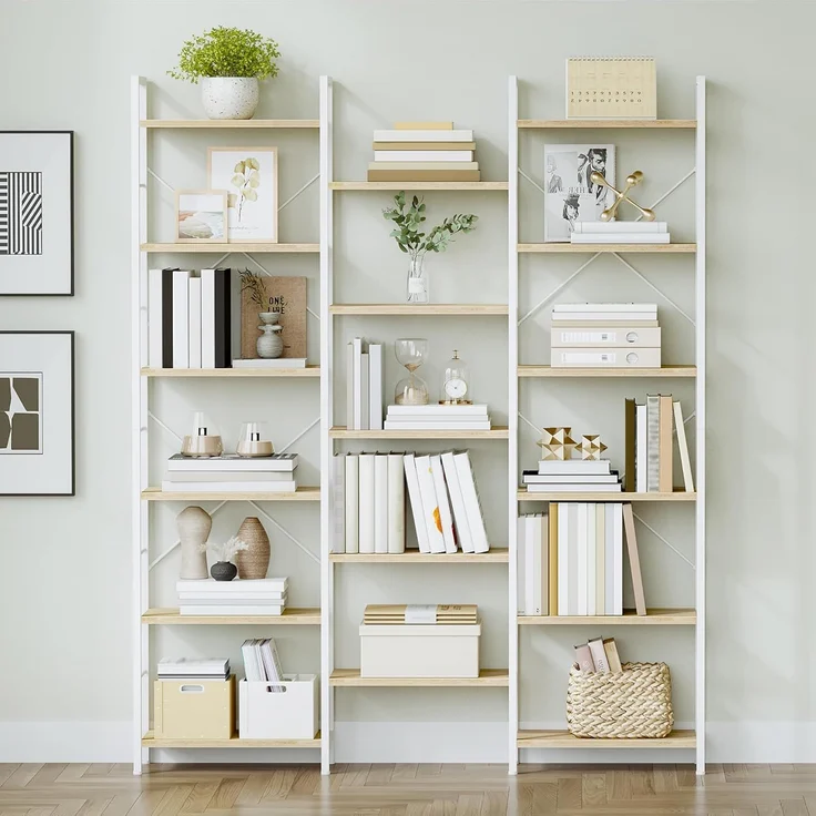Bücherregale, Standregale, Regal mit 17 Fachböden, 6 Etagen, Verstellbarer Abstand, 24 x 152 x 186 cm, Tragfähigkeit 340 kg, Wohnzimmer, Büro, Weißeiche und Weiß – Bild 1