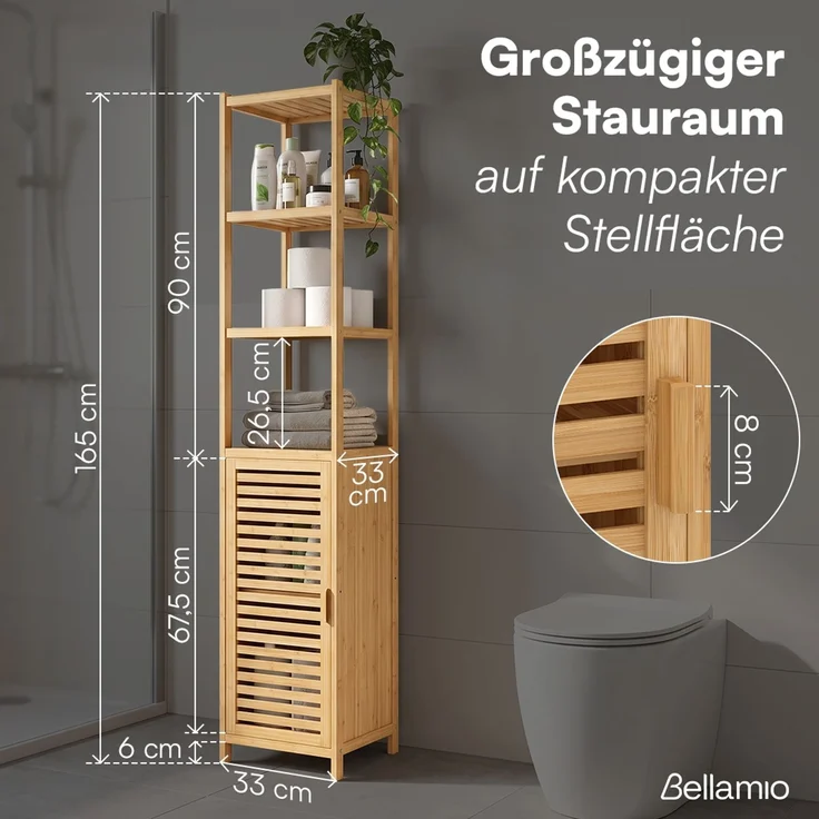 Bellamio 'Newa' Badezimmer Hochschrank, Bambus, natur, 165x33x33 cm, Badezimmerschrank mit 5 Ablagefächern – Bild 8