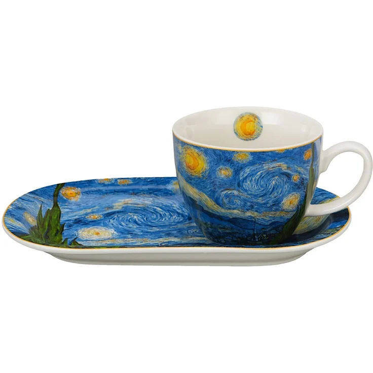 DUO ART GALLERY Frühstücks-Set mit Tasse 450 ml STARRY NIGHT inspired by Van Gogh, New Bone China Porzellan – Bild 1