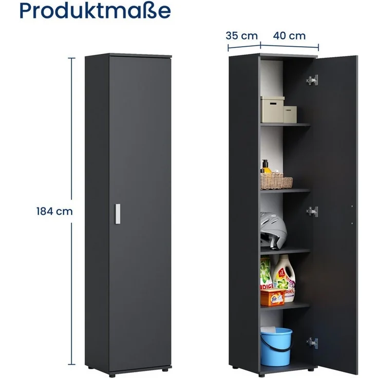 Home Collective Mehrzweckschrank Schmaler Schrank 40 cm breit mit 1 Tür & 4 Einlegeböden (Universalschrank Haushaltsschrank für Haushalt, Flur, Büro oder Schlafzimmer) 40x35x184 cm (BxTxH), Anthrazit – Bild 2