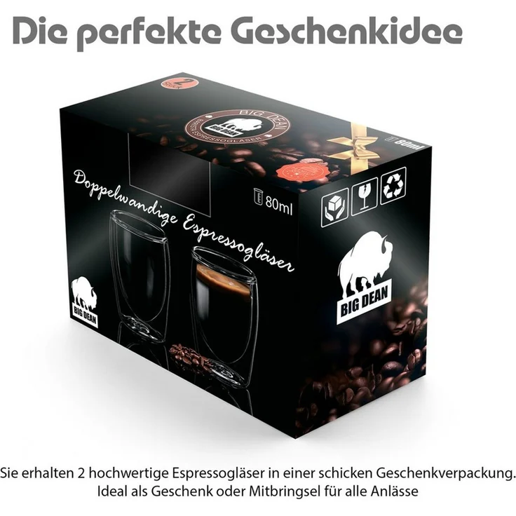 BigDean 2 Stück doppelwandige Espresso Gläser 80 ml in Gastro-Qualität - hochwertiges Espresso Glas Espressotassen Glas Set in Geschenkverpackung – Bild 2