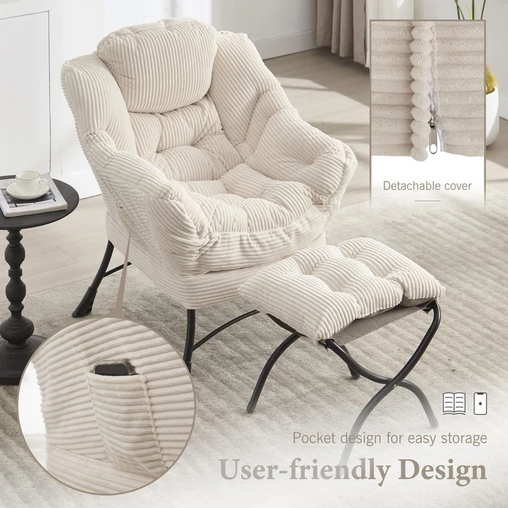 LVHOM Relaxsessel mit Hocker, Loungesessel mit Seitentasche, Lesesessel aus Cordstoff, bequem gepolstert, Metallgestell, bis 180kg belastbar, Weiß – Bild 4