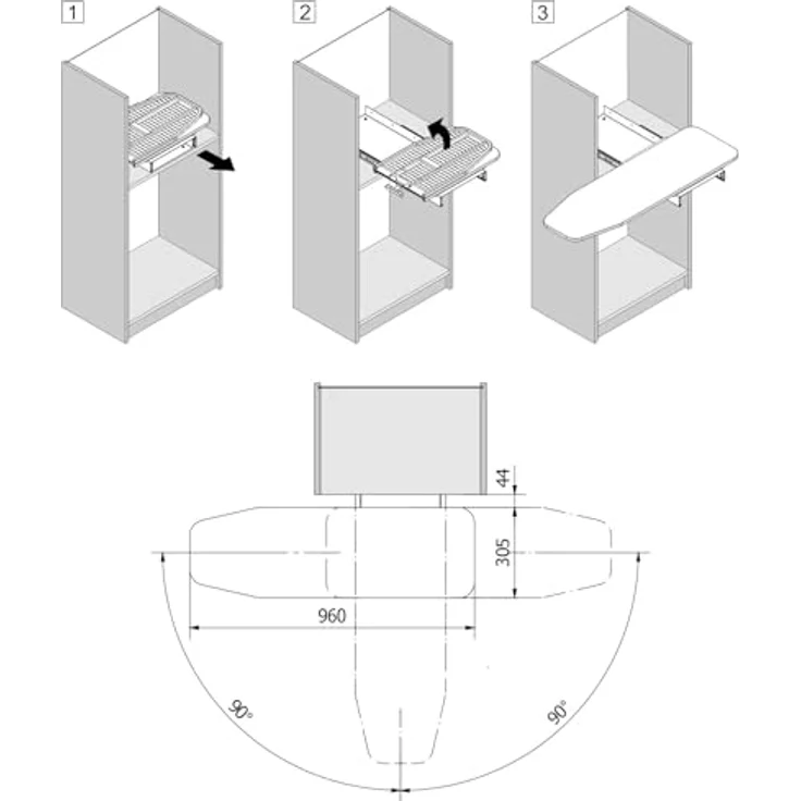 SO-TECH® Bügelbrett Bügeltisch Ironfold für Fachbodenmontage, klappbar, 180° schwenkbar, inkl. Bügeltuch aluminiumgrau – Bild 9