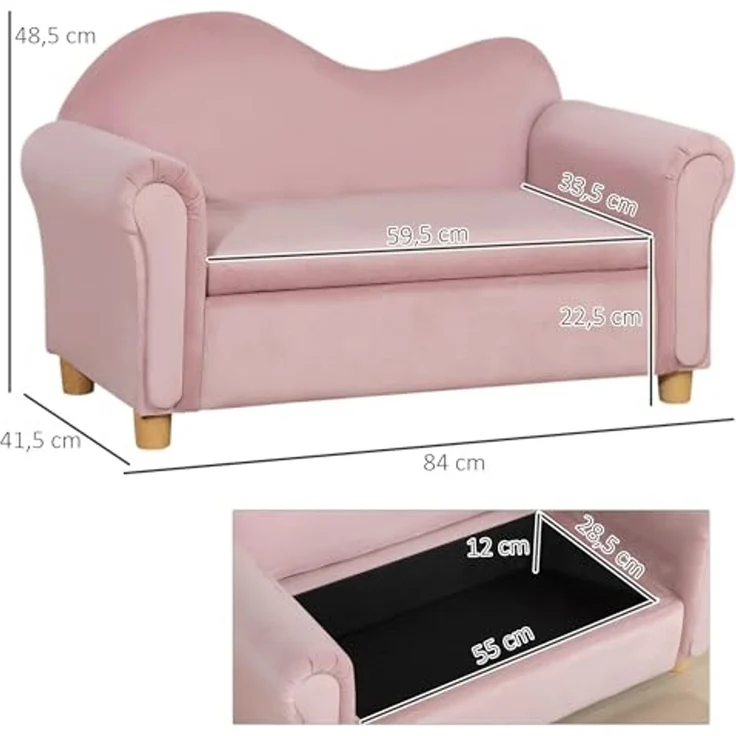 HOMCOM Sessel Zweisitzer mit Stauraum, Spielsofa für Kinder, Rosa (Kindercouch, 1-St, Kindersofa), 84L x 41.5B x 48.5H cm – Bild 3