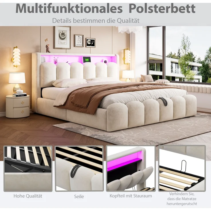 Polsterbett 180*200, Ausgestattet mit hydraulischer Staufunktionund Stauraum im Kopfteil, Doppelbett, Samtstoff,mit USB- und Typ-C-Anschlüssen, mit LED, weichem Samtstoff und Blütenblattdesign,Beige ( – Bild 6