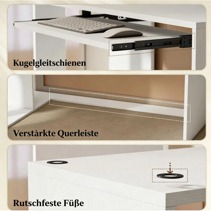 Eckschreibtisch mit Tastaturauszug und 4 Fächern, 120x100x76 cm, Weiß – Bild 7