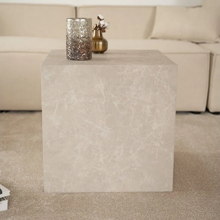 HOME DELUXE Couchtisch SELY - 50 x 50 x 50 cm, Travertin-Effekt, Marmoroptik Beistelltisch, Japandi – Bild 3