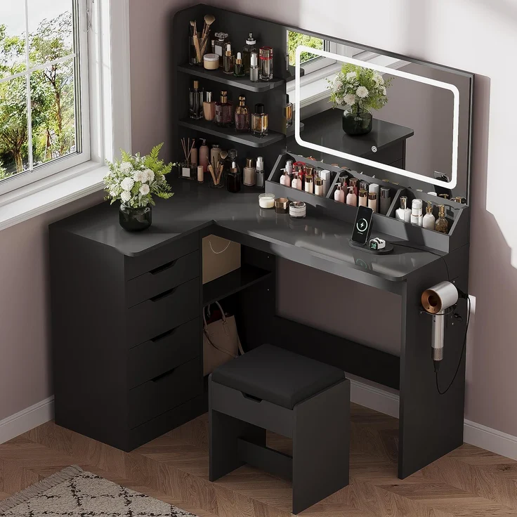 JUMMICO Schminktisch mit Spiegel und Licht, Eck Schminktisch L Hocker mit Beleuchtung LED 3 Farben, Make Up Table 120 breit mit 5 Schubladen und Steckdosen, Schwarz
