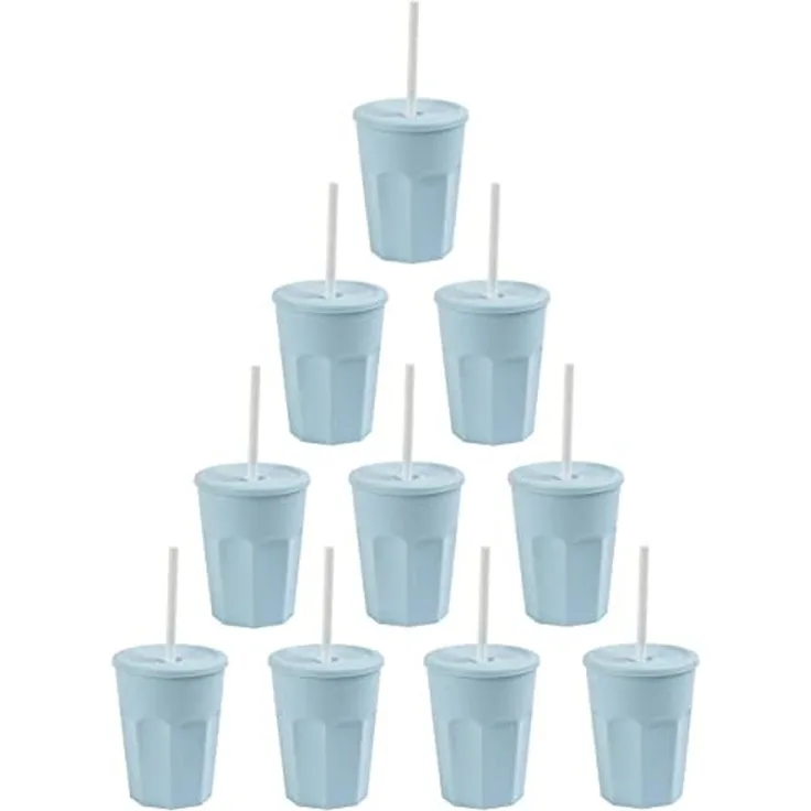 Engelland Becher Wiederverwendbare Plastikbecher mit Deckel und Strohhalm, 0,25 Liter, 10-tlg, Kunststoff, BPA-frei, spülmaschinengeeignet, lebensmittelecht, Temperaturbeständig