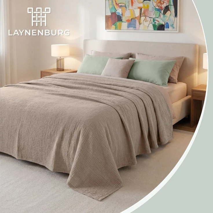 Laynenburg Tagesdecke Musselin aus 100% Baumwolle – Baumwolldecke, Kuscheldecke, Wohndecke als Sommerdecke, Bett-Überwurf, Couch-Überwurf, Sofa-Decke – Bild 2