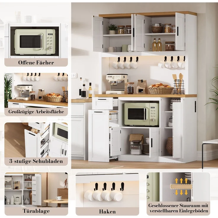 Abrihome Küchenschrank Hochschrank mit LED, Steckdosen, Vitrine, 3 Schubladen, Weiß, 120x40x182 cm – Bild 3