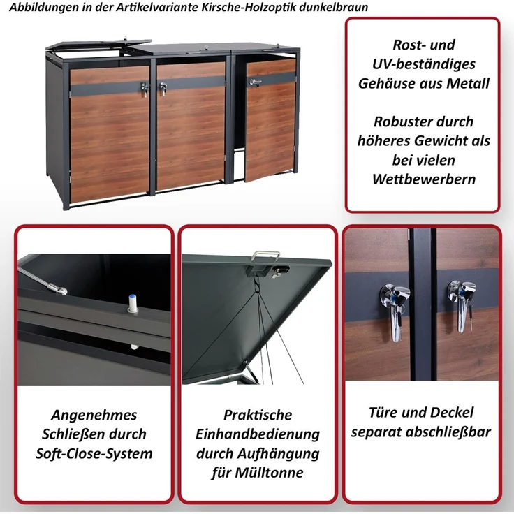 XL 3er/6er-Mülltonnenverkleidung HWC-J82, Mülltonnenbox, Metall 97kg, anthrazit ~ Kirsche-Holzoptik dunkelbraun – Bild 2