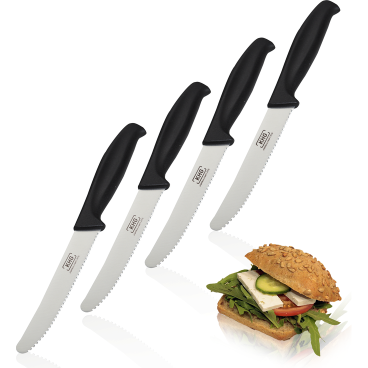 KHG 4er Set Frühstücksmesser Brötchenmesser Tomatenmesser Schwarz | 12 cm Klinge Edelstahl mit Wellenschliff | Tafelmesser Brotzeitmesser Vespermesser mit Fingerschutz