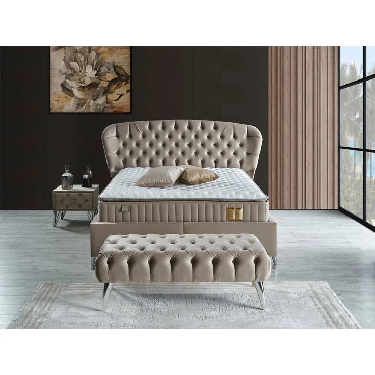 Schlafzimmer-Set "Bellana" – Bett mit Bettkasten und Matratze , Nachttisch, Kommode, Bettbank-Hellgrau – Bild 2