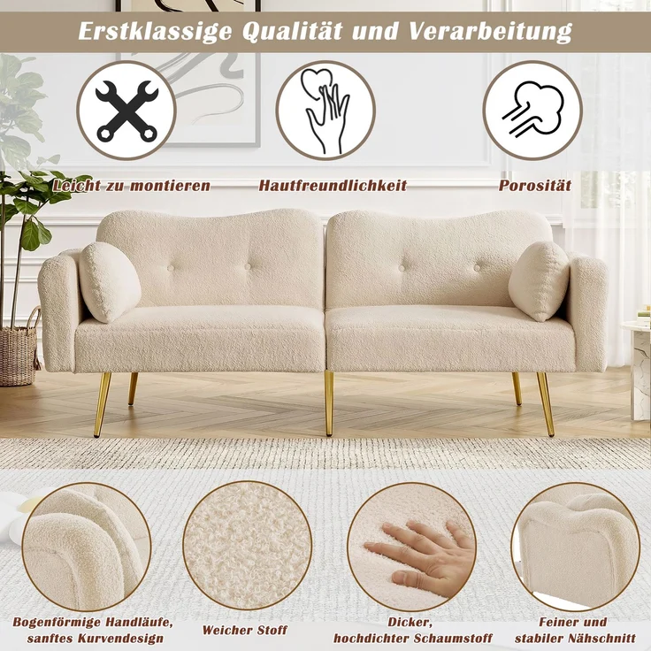 Wohnora-[Schlaffunktion]Zweisitzer-Sofabett - Modernes Zweisitzersofa mit verstellbarer Rückenlehne + vergoldeten Metallfüßen, integrierter Bettfunktion Multifunktionales 2-in-1-Möbelstück,H 82cm x T 175cm x B 79cm,Beige+Natur – Bild 2