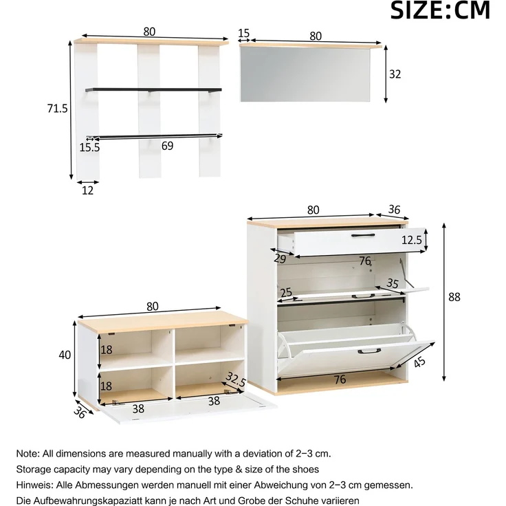 Garderoben-Set, Schrank, Schublade, Spiegel,Multifunktionale Garderobe,Schuhschrank mit Schuhbank, Kann frei kombiniert werden,Geeignet für Eingangsbereich, Wohnzimmer,Weiß + Holzton,156x36x176cm--Weiß+Natur--156x36x176cm--YOUDENOVA – Bild 4