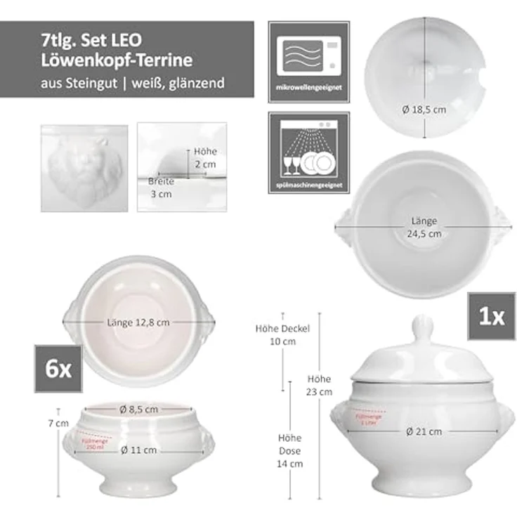 MamboCat Suppenschüssel 7tlg Set LEO Löwenkopf-Terrine mit & ohne Deckel 2L 0,25L weiß, Steingut – Bild 6