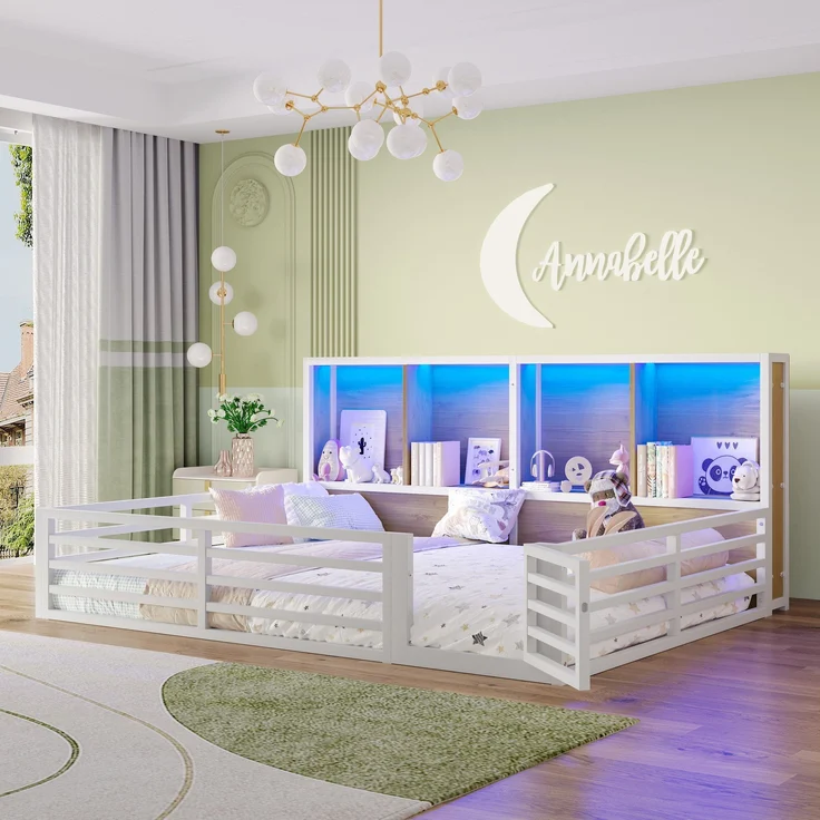 Kinderbett mit LED-Beleuchtung, Lattenrost, Tür und Zaun, 140x200 cm, Rausfallschutz, Stauraum, Metallbett – Bild 2