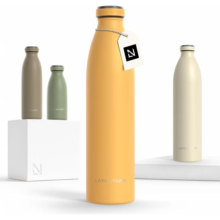 LARS NYSØM Edelstahl Trinkflasche 350ml, 500ml, 750ml, 1L, 1 5 liter | Thermosflasche Kohlensäure geeignet | Auslaufsichere Wasserflasche für Sport, Outdoor, Schule (Mustard Yellow, 1000ml)