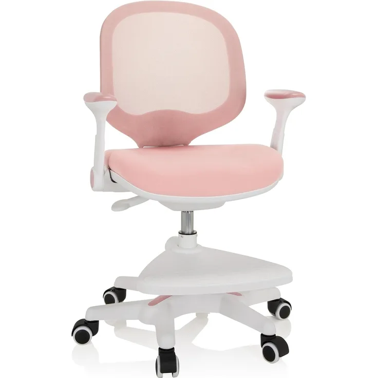 hjh OFFICE 736412 Kinder Schreibtischstuhl Kid Ergo Stoff/Netz Kinderstuhl mit Fußablage, Armlehnen klappbar, Rosa/Weiß