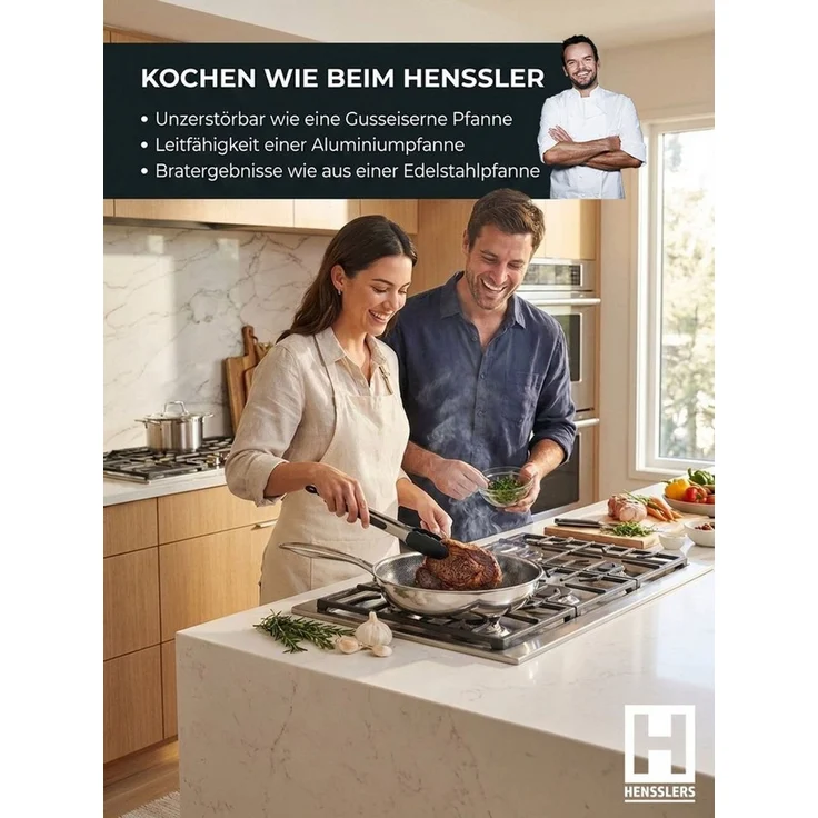 HENSSLERS Wok Premium, Pfanne 28 cm, inklusive Grillzange, Edelstahl (Set, 2-tlg) – Bild 2