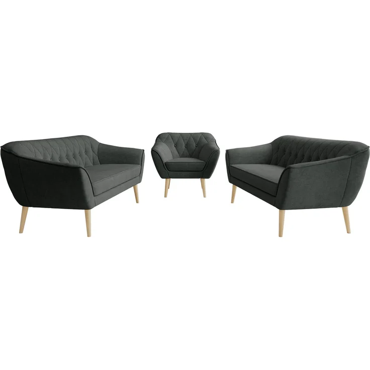 Wohnzimmerset, Möbelset PIRS 3-3-1, Armlehnen, Wellenfederung, Buche Füße, Dreisitzer Sofas mit Sessel, Polstermöbel Set - Dunkelgrau Stukture – Bild 7
