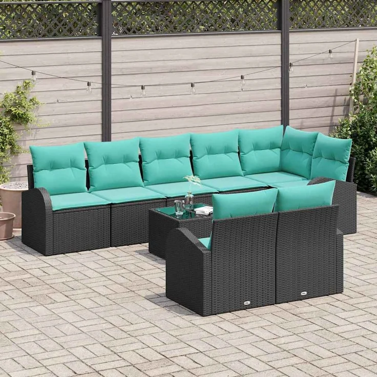 vidaXL Gartensofa-set mit Kissen 9 pcs Schwarz und Türkis Poly-Rattan 3354775 – Bild 3