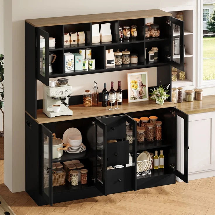 Küchenschrank, hoher Aufbewahrungsschrank mit LED-Beleuchtung und Steckdosen, Vorratsschrank mit 6 Acryltüren und 3 Schubladen, Vitrinenschrank für Wohnzimmer und Esszimmer, 150 × 40 × 173 cm--Schwarz + Natur--150x40x173cm--YOUDENOVA – Bild 6