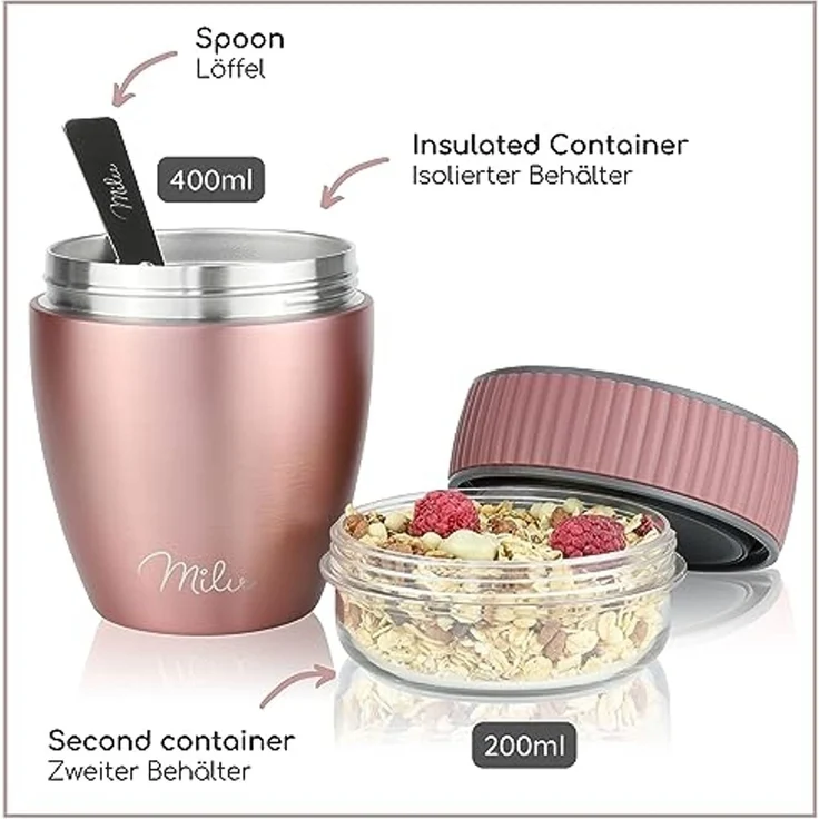 Milu Müslibox Müslibecher to go, 400ml, isolierter Edelstahl Joghurtbecher für Müsli, rosegold – Bild 4