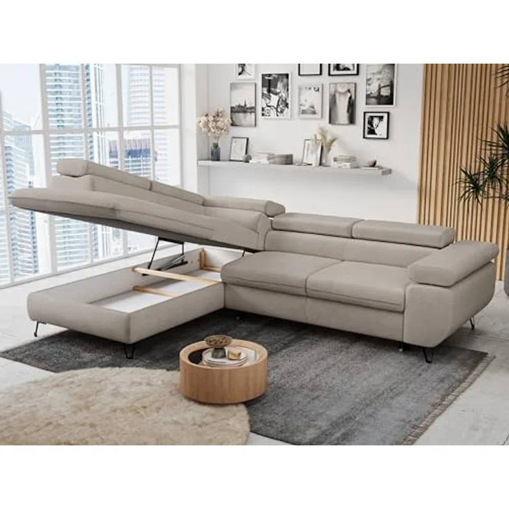 Mks Möbel 'Peter L-form' Ecksofa mit Bettfunktion, Bettkasten & einstellbaren Kopfstützen, Beige, Mikrofaser, links – Bild 5