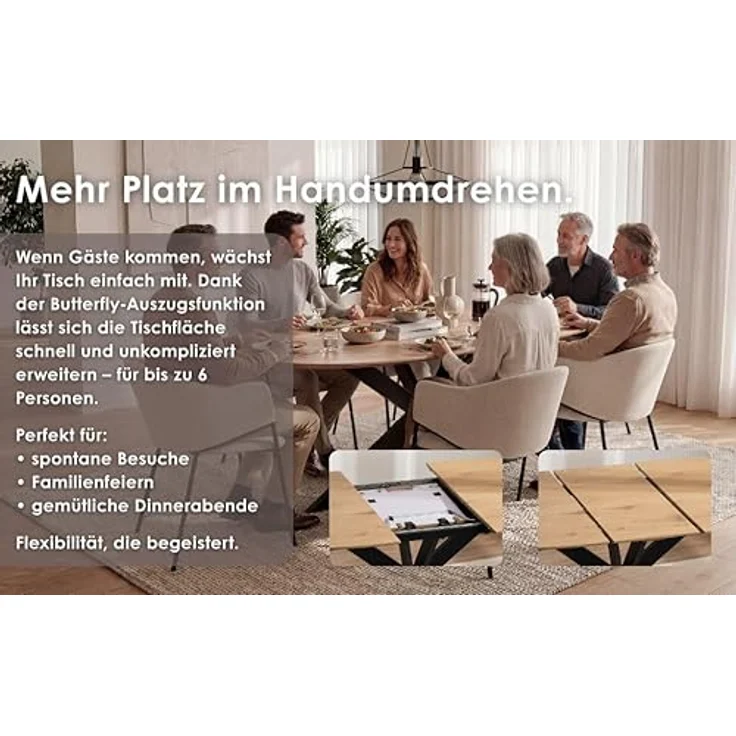 byLIVING Ausziehbarer Esstisch Nevada 140x90 cm, erweiterbar auf 180 cm Mittelauszug Butterfly Funktion, Ovaler Tisch Esszimmer, Eiche Optik, Metallfuß Schwarz stabil, Maße: 140-180 x 90, H 75 cm – Bild 5