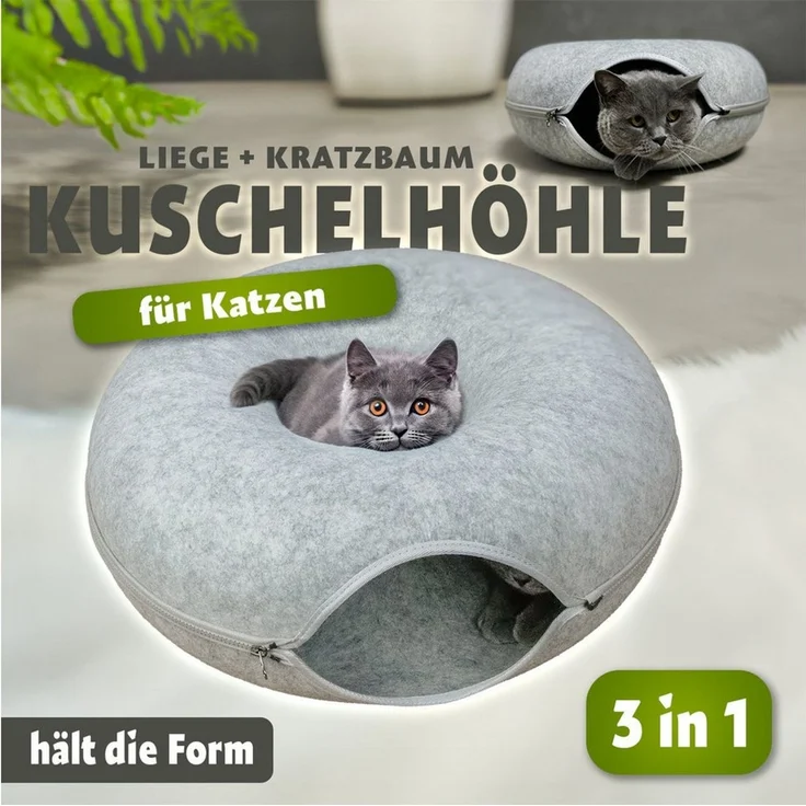 KVOTA Katzenliege Katzentunnel KatzenhöhleSpielhöhle Grau 50x50x20cm aus Filz, rund – Bild 2